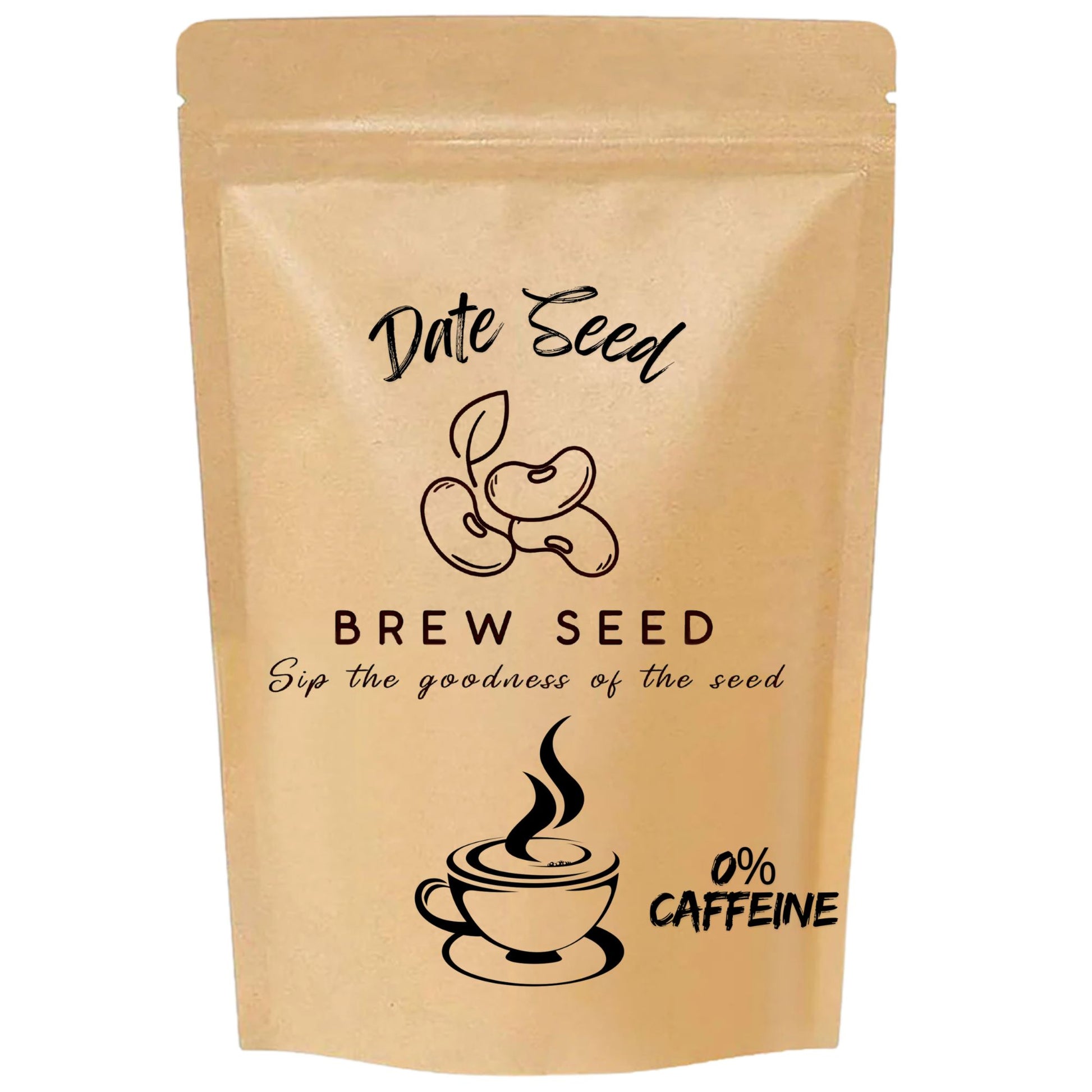 Beige package with 'Date Seed Coffee Brew Seed branding and coffee cup illustration on a white background