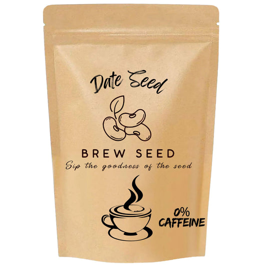 Beige package with 'Date Seed Coffee Brew Seed branding and coffee cup illustration on a white background