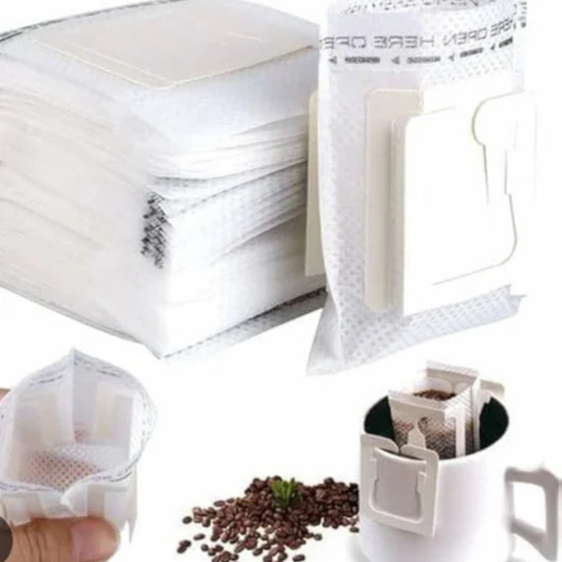 White coffee filters in various forms on a white background