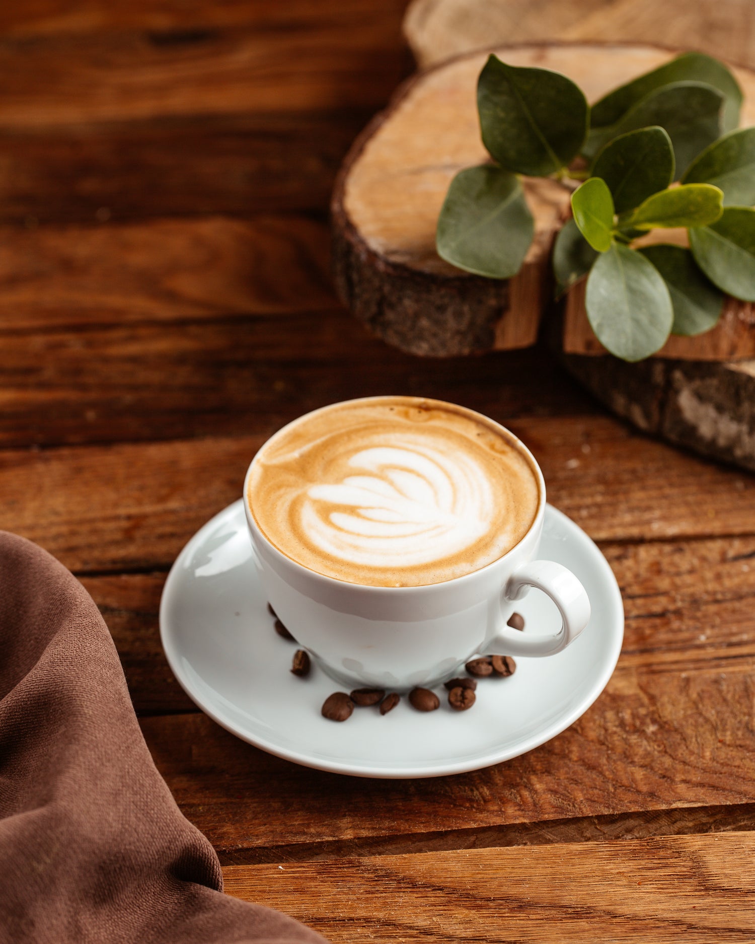 Cappuccino in a white cup on a wooden surface with coffee beans and a plant.