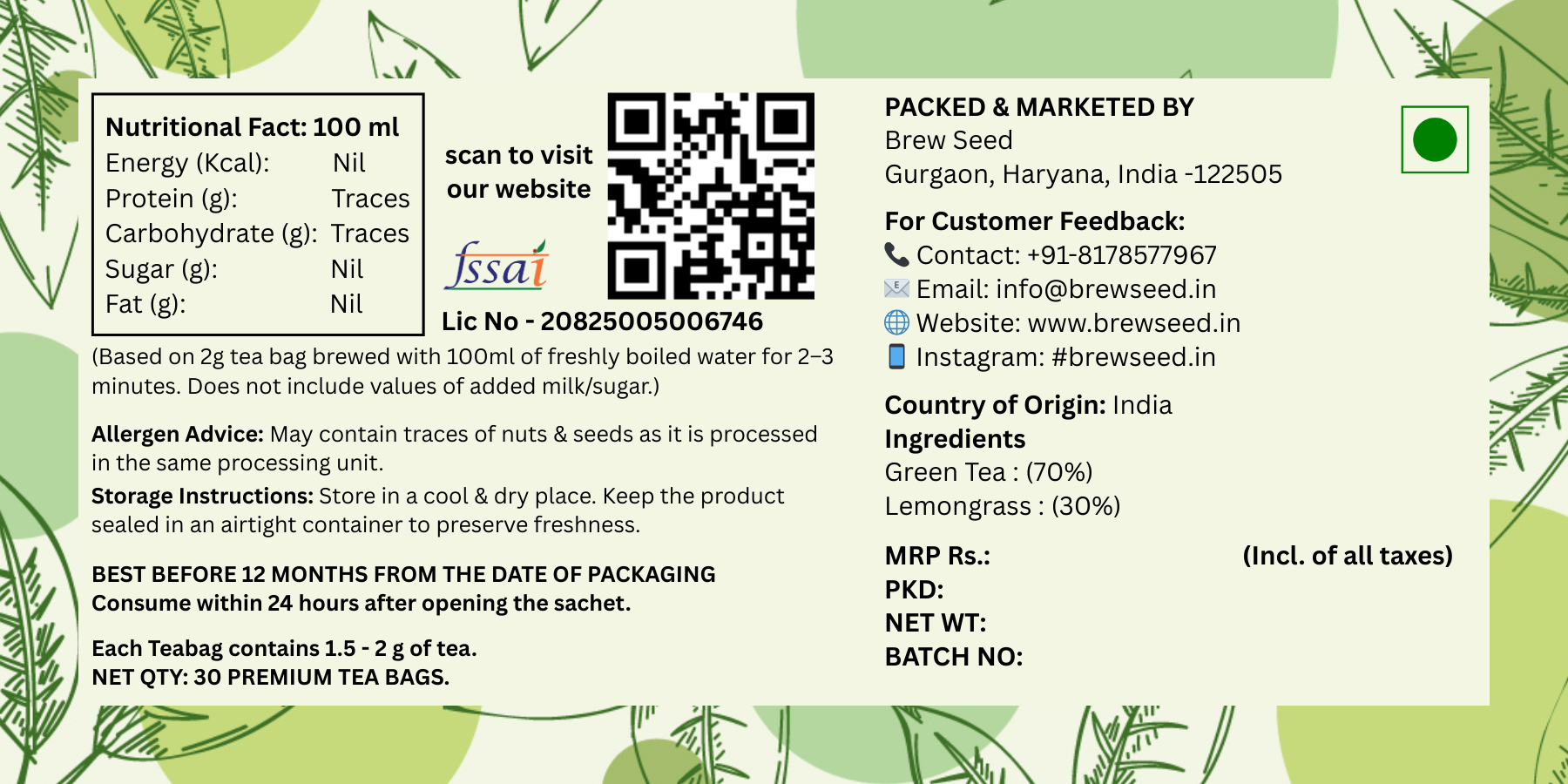 Brew Seed Lemongrass Green Tea Details