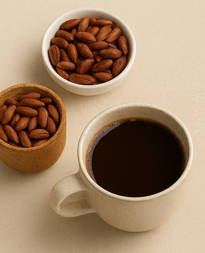 Mug of black coffee with two bowls of almonds on a beige background