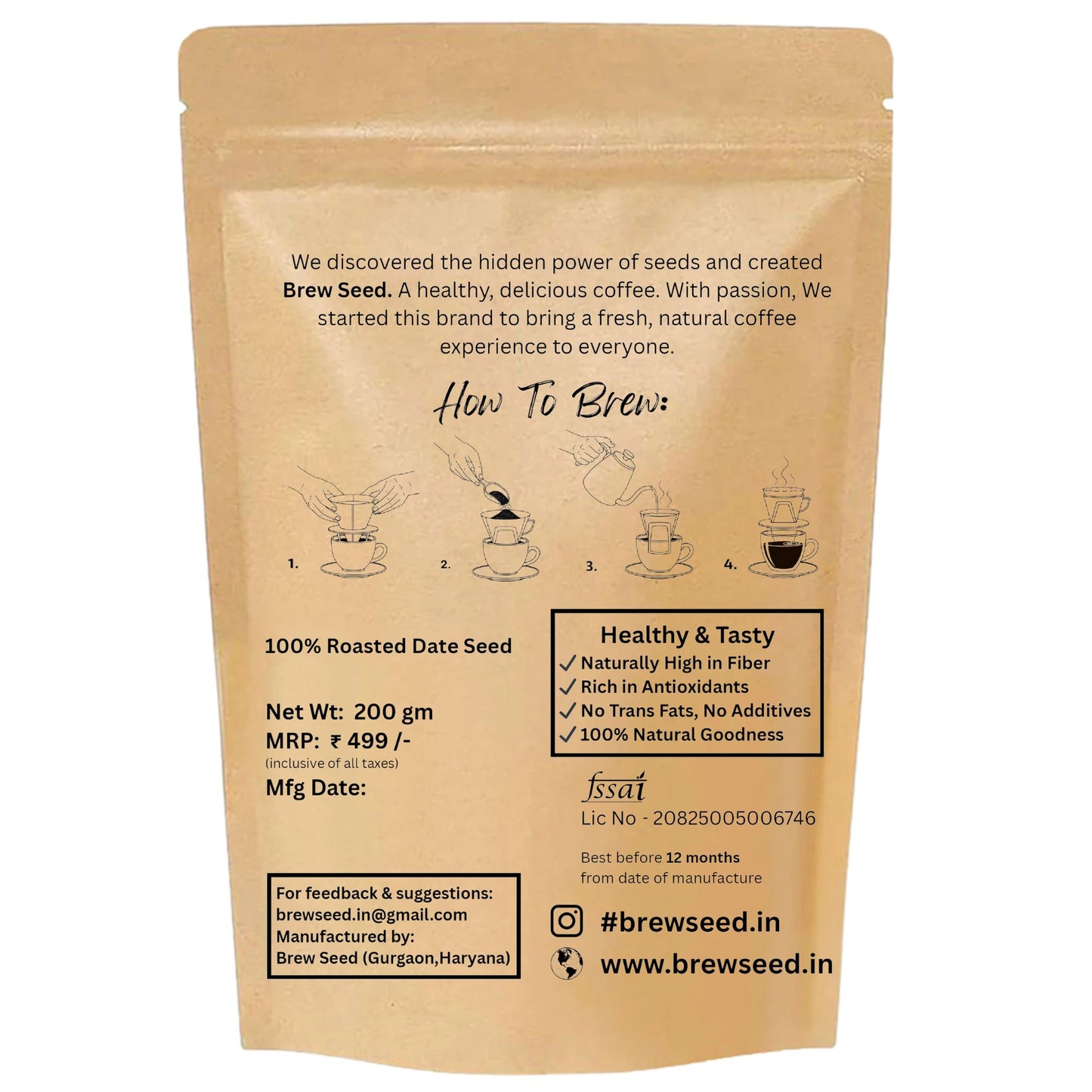 Brew Seed coffee package with text and brewing instructions on a white background