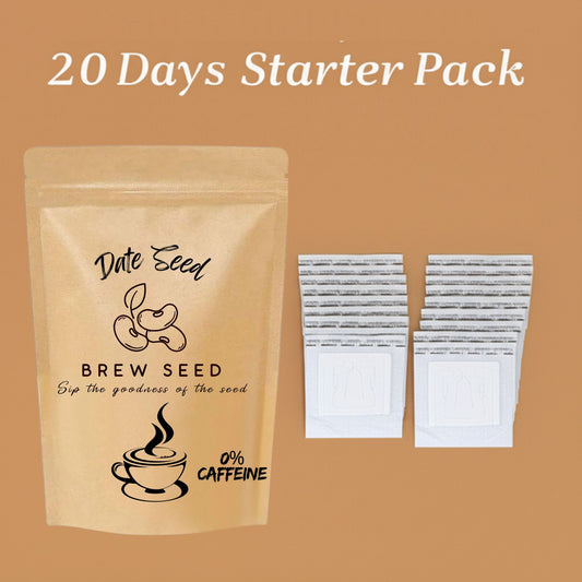 Brew Seed packaging with date seed illustration and text on a brown background