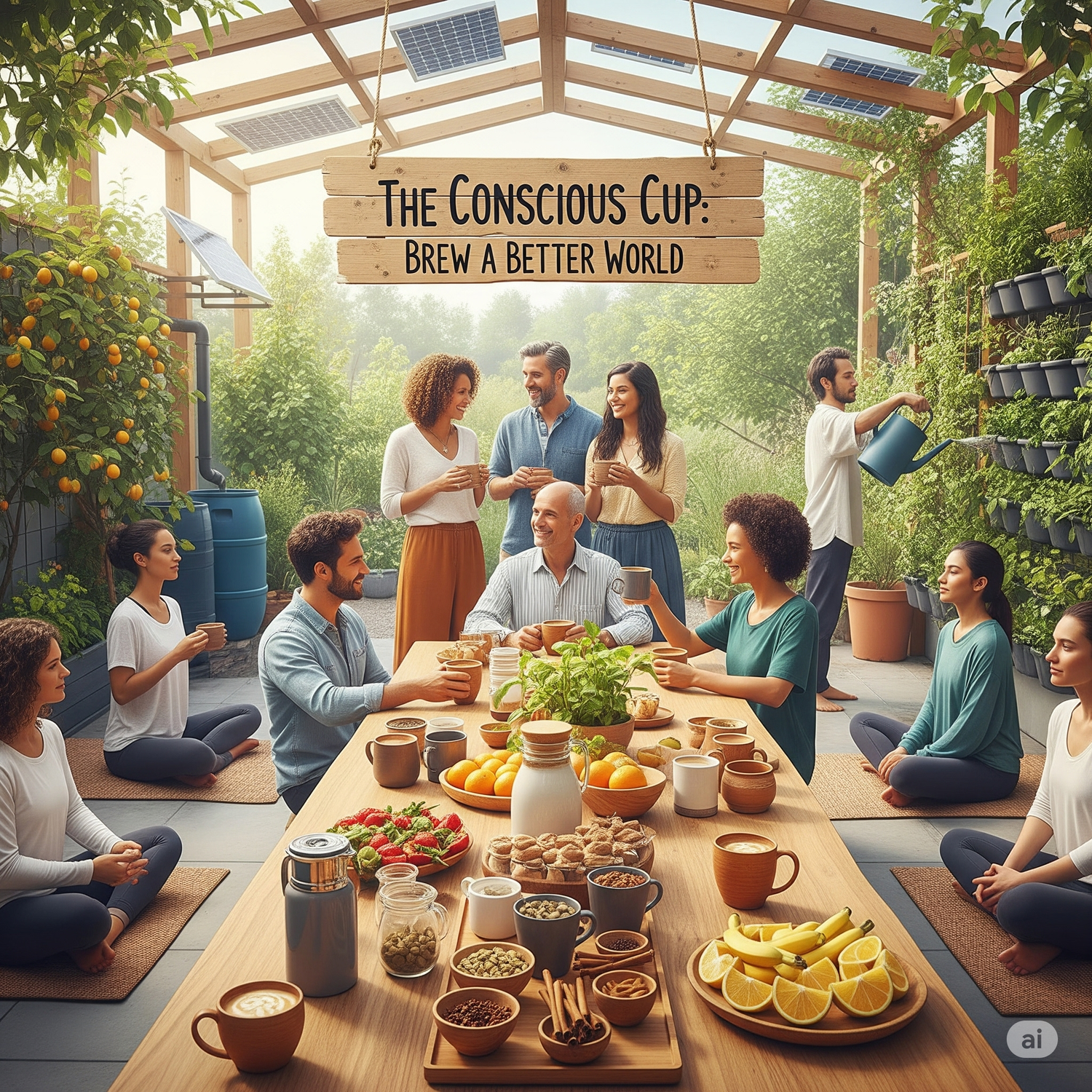 Group of people gathered around a table with plants and 'The Conscious Cup' sign in an outdoor setting.