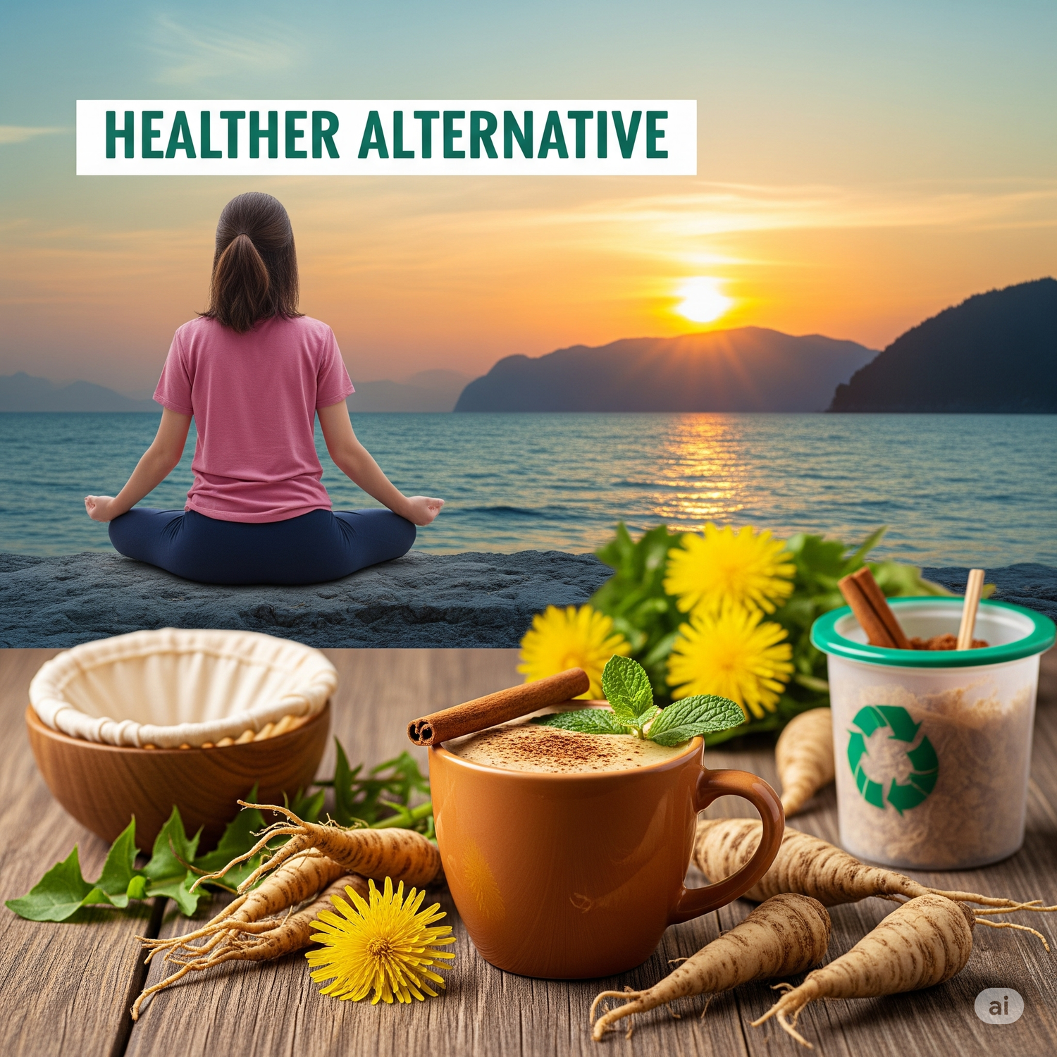 Person meditating by a lake with a sunset, featuring health-related items like a mug, flowers, and roots on a wooden surface.