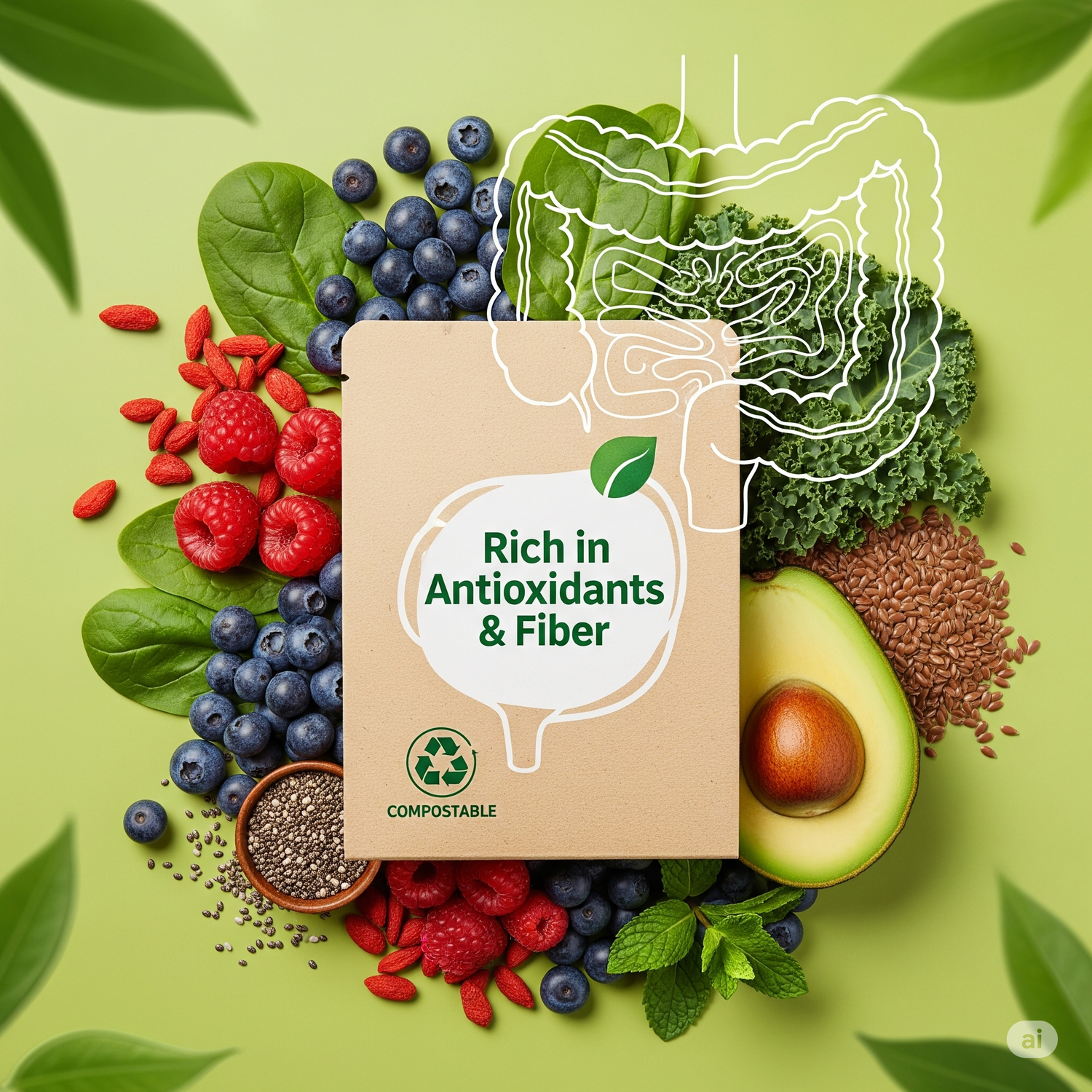 Compostable packaging with fruits, vegetables, and health benefits on a green background